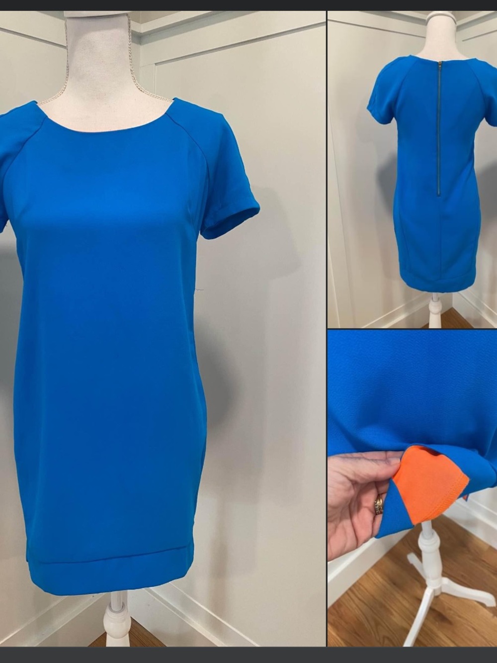 Bright Blue Short Sleeve Shift Dress with Orange Accents, S, Lexi Drew